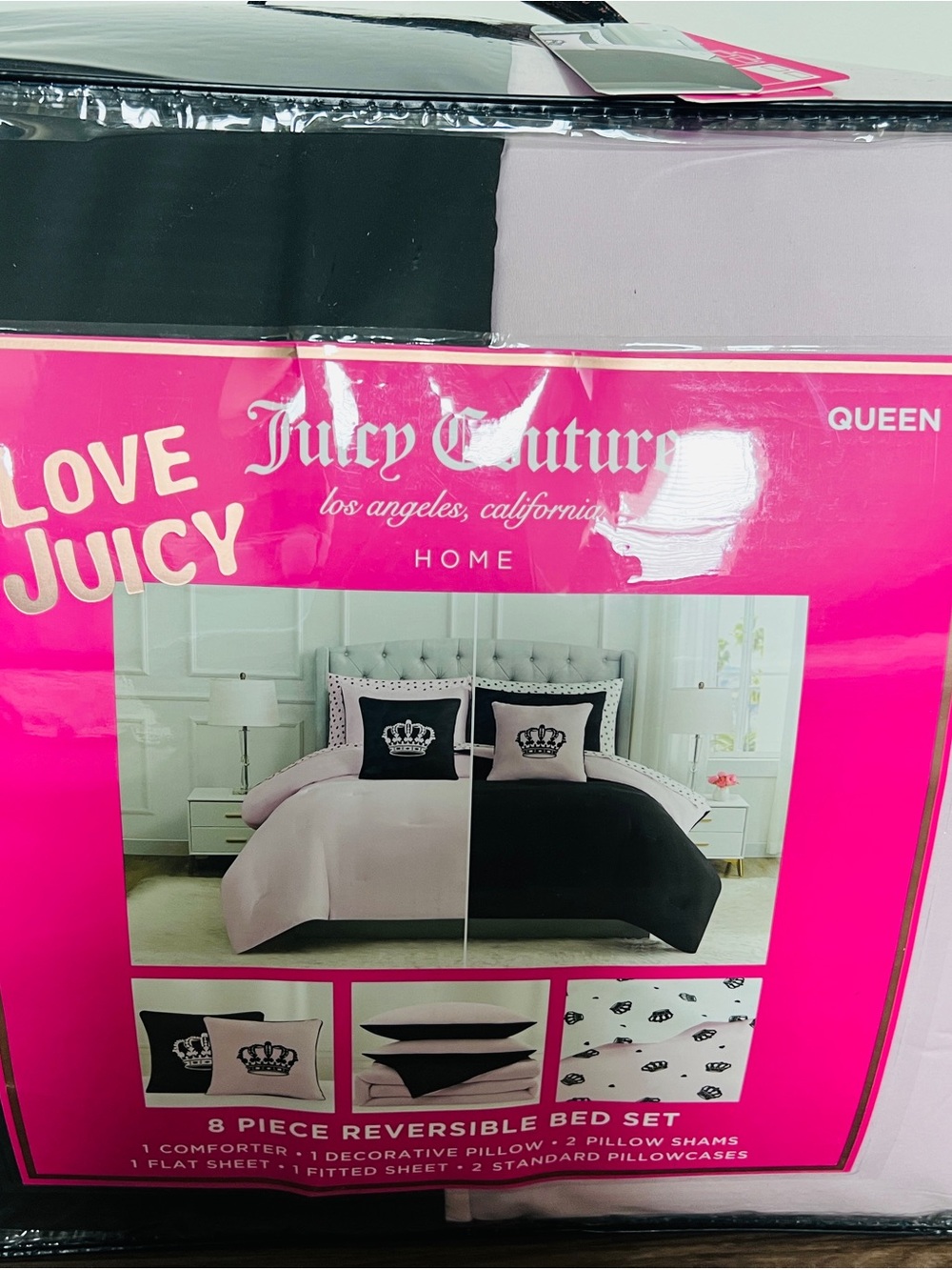Juicy couture black/pink reversible comforter set queen sham,sheets,pillow - Picture 3 of 6